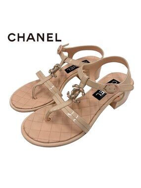 Chanel Sandals Shoes Patent Leather Pink Coco Mark Quilted Thong